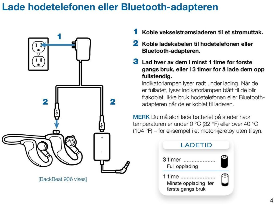 Når de er fulladet, lyser indikatorlampen blått til de blir frakoblet. Ikke bruk hodetelefonen eller Bluetoothadapteren når de er koblet til laderen.