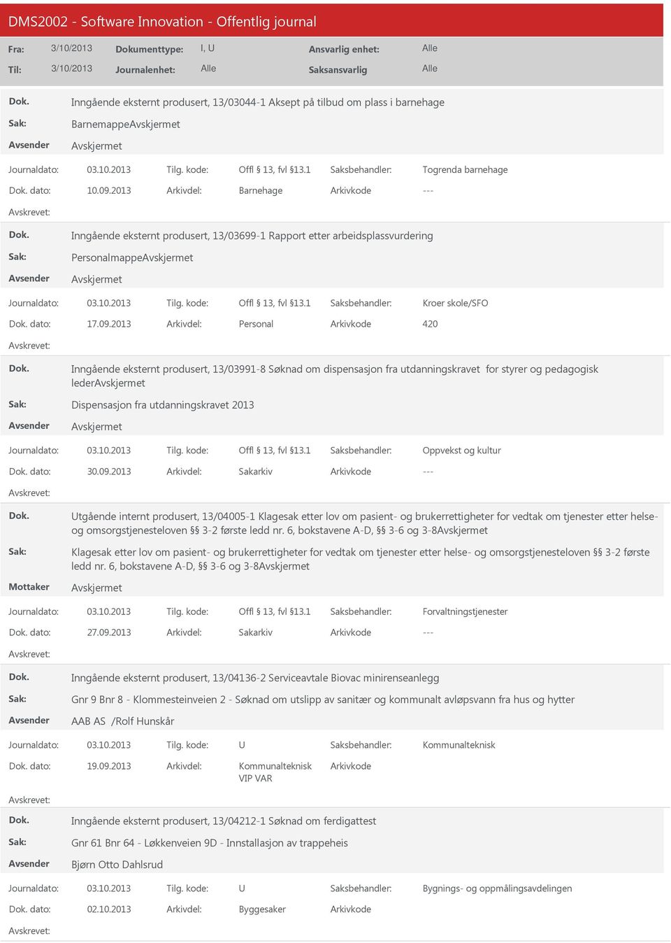 2013 420 Inngående eksternt produsert, 13/03991-8 Søknad om dispensasjon fra utdanningskravet for styrer og pedagogisk leder Dispensasjon fra utdanningskravet 2013 Oppvekst og kultur dato: 30.09.