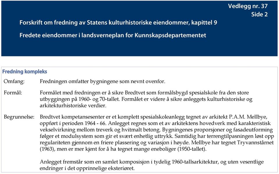 Mellbye, oppført i perioden 1964-66. Anlegget regnes som et av arkitektens hovedverk med karakteristisk vekselvirkning mellom treverk og hvitmalt betong.