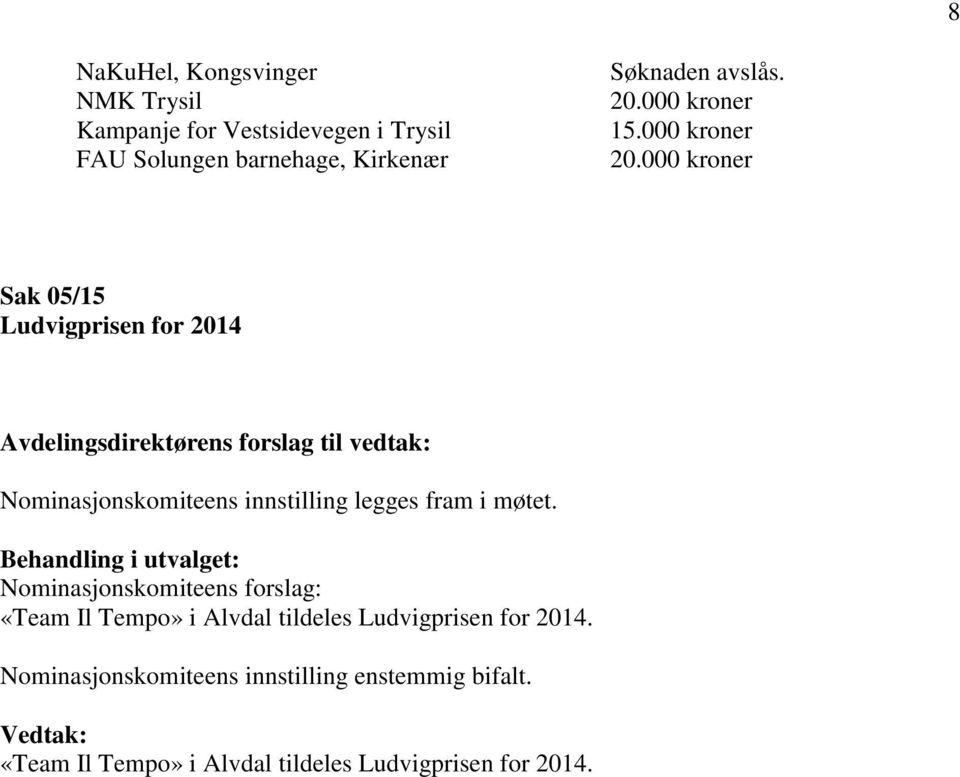 000 kroner Sak 05/15 Ludvigprisen for 2014 Avdelingsdirektørens forslag til vedtak: Nominasjonskomiteens