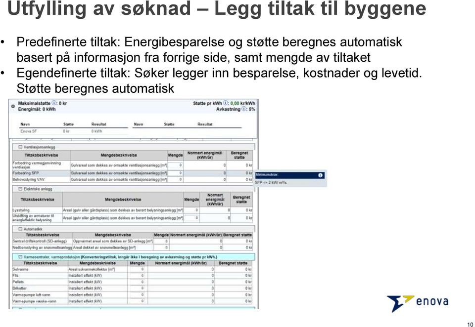 fra forrige side, samt mengde av tiltaket Egendefinerte tiltak: Søker