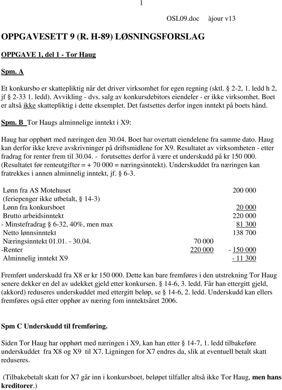 Det fastsettes derfor ingen inntekt på boets hånd. Spm. B Tor Haugs alminnelige inntekt i X9: Haug har opphørt med næringen den 30.04. Boet har overtatt eiendelene fra samme dato.