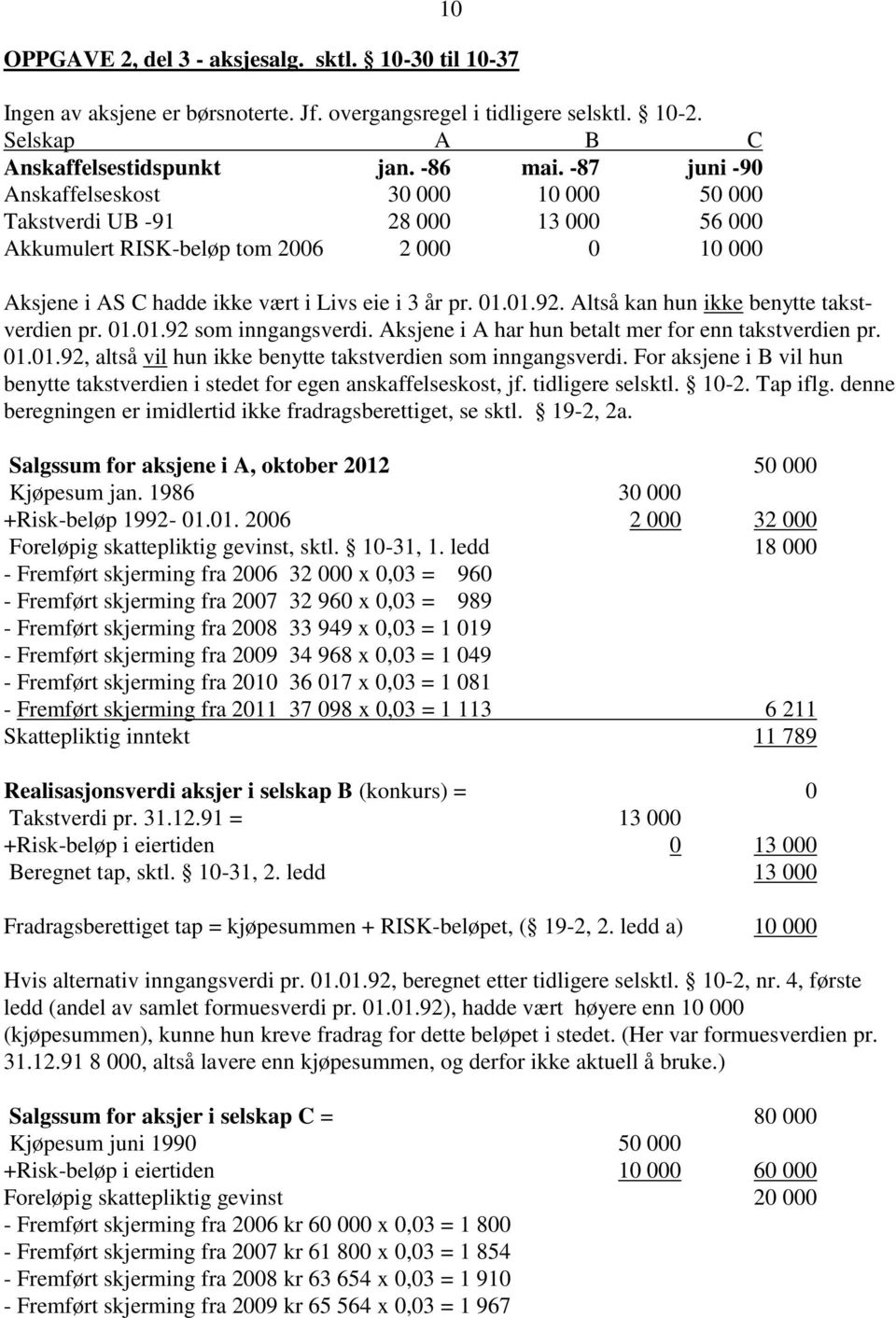 Altså kan hun ikke benytte takstverdien pr. 01.01.92 som inngangsverdi. Aksjene i A har hun betalt mer for enn takstverdien pr. 01.01.92, altså vil hun ikke benytte takstverdien som inngangsverdi.