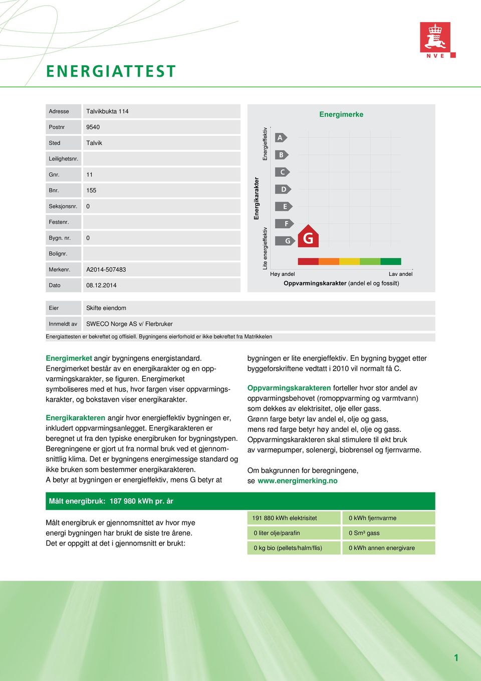 Bygningens eierforhold er ikke bekreftet fra Matrikkelen Energimerket angir bygningens energistandard. Energimerket består av en energikarakter og en oppvarmingskarakter, se figuren.