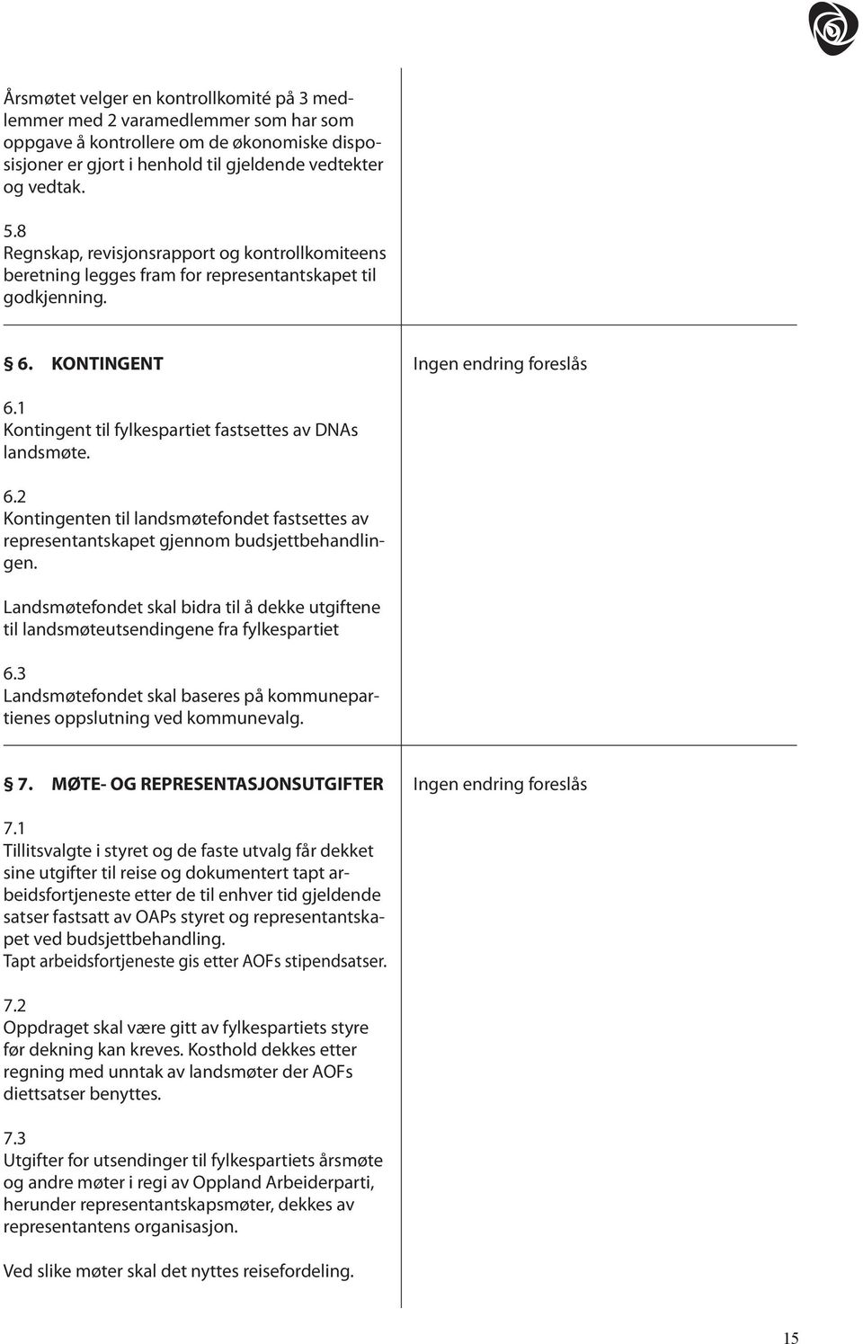 1 Kontingent til fylkespartiet fastsettes av DNAs landsmøte. 6.2 Kontingenten til landsmøtefondet fastsettes av representantskapet gjennom budsjettbehandlingen.