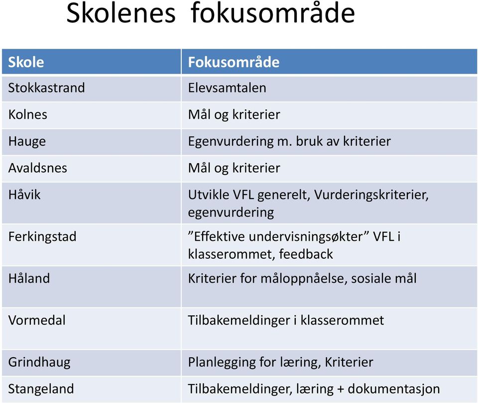 bruk av kriterier Mål og kriterier Utvikle VFL generelt, Vurderingskriterier, egenvurdering Effektive