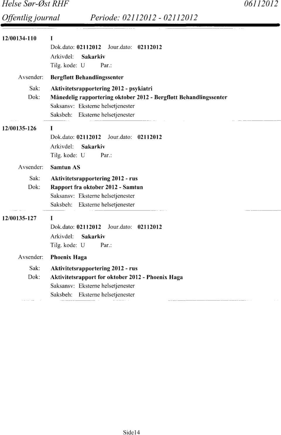 Sak: Aktivitetsrapportering 2012 - rus Dok: Rapport fra oktober 2012 - Samtun Saksansv: Eksteme helsetjenester