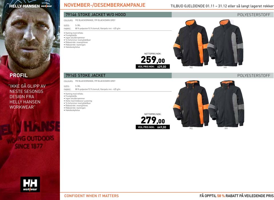 SESONGS DESIGN FRA HELLY HANSEN WORKWEAR 992 BLACK/ORANGE, 999 BLACK/DARK GREY 88 % polyester/12 % bomull, fiberpels inni - 425 g/m Kanting med refleks Frontglidelås Hette med