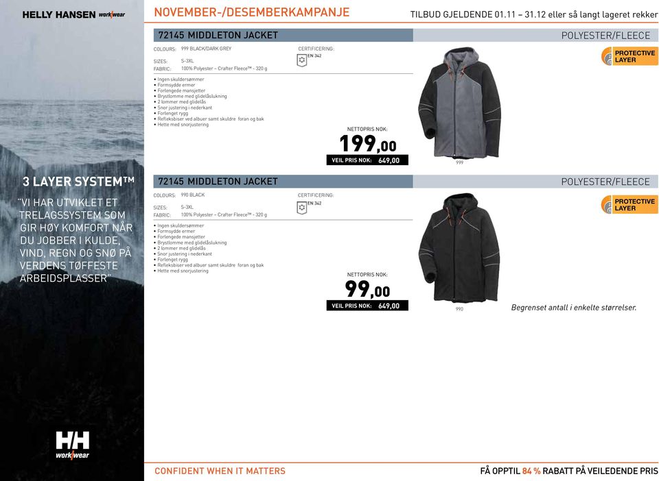 SOM GIR HØY KOMFORT NÅR DU JOBBER I KULDE, VIND, REGN OG SNØ PÅ VERDENS TØFFESTE ARBEIDSPLASSER 72145 MIDDLETON JACKET BLACK 100% Polyester Crafter Fleece - 320 g Formsydde ermer Forlengede