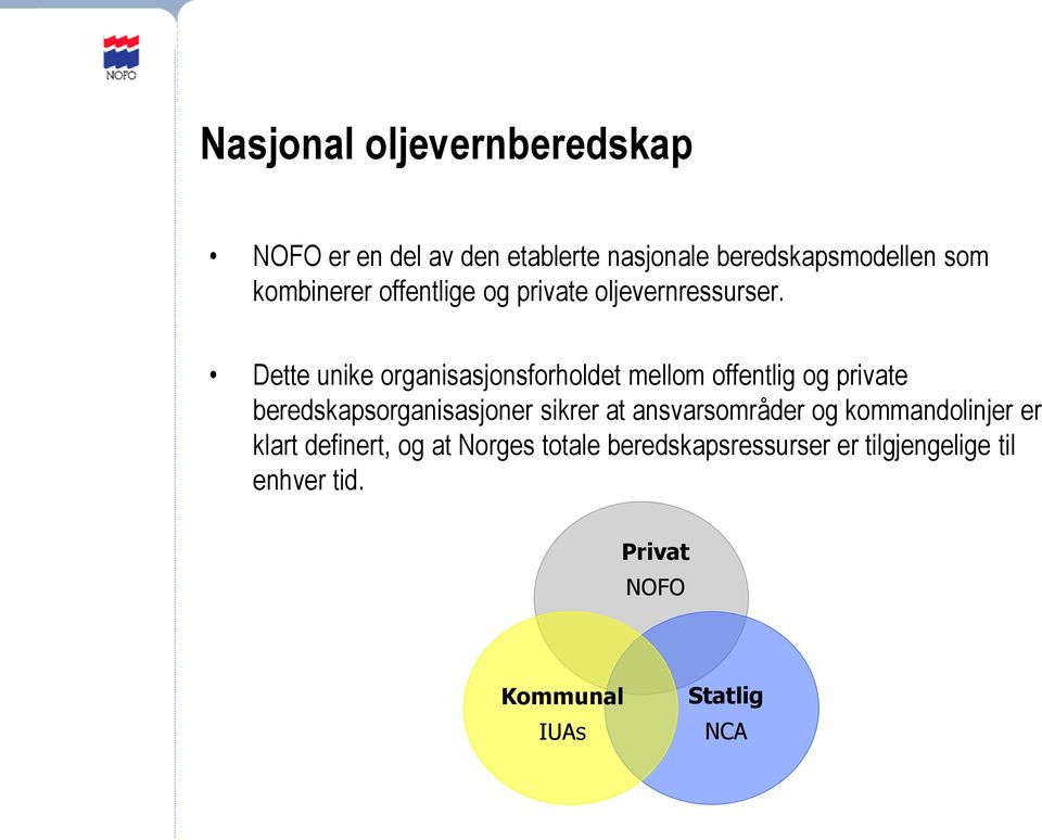 Dette unike organisasjonsforholdet mellom offentlig og private beredskapsorganisasjoner sikrer at