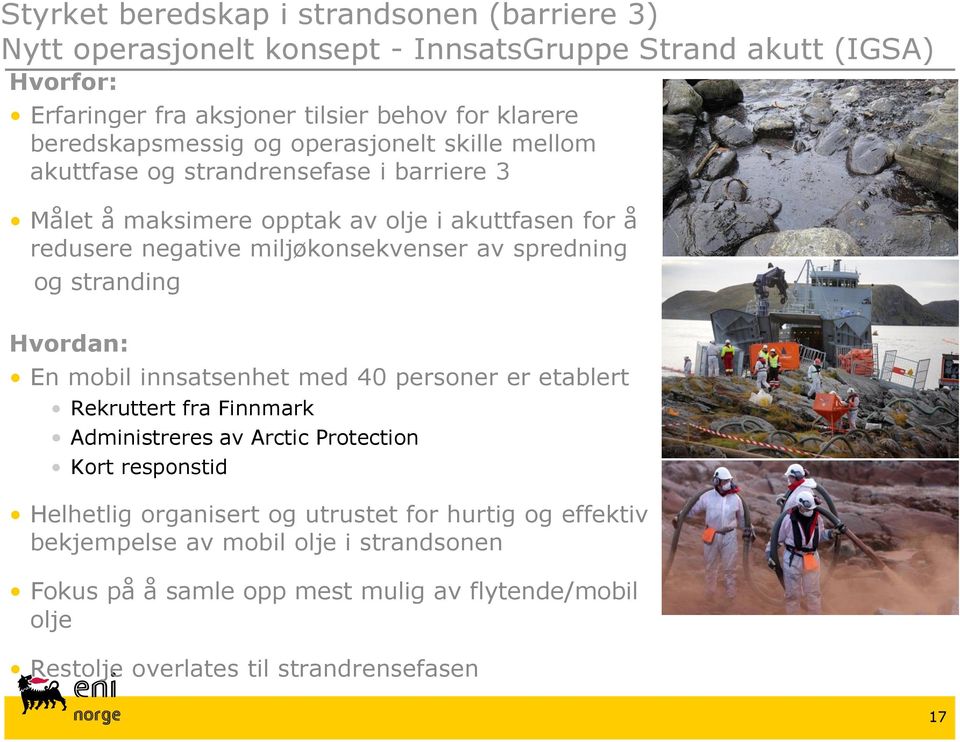 miljøkonsekvenser av spredning og stranding Hvordan: En mobil innsatsenhet med 40 personer er etablert Rekruttert fra Finnmark Administreres av Arctic Protection Kort