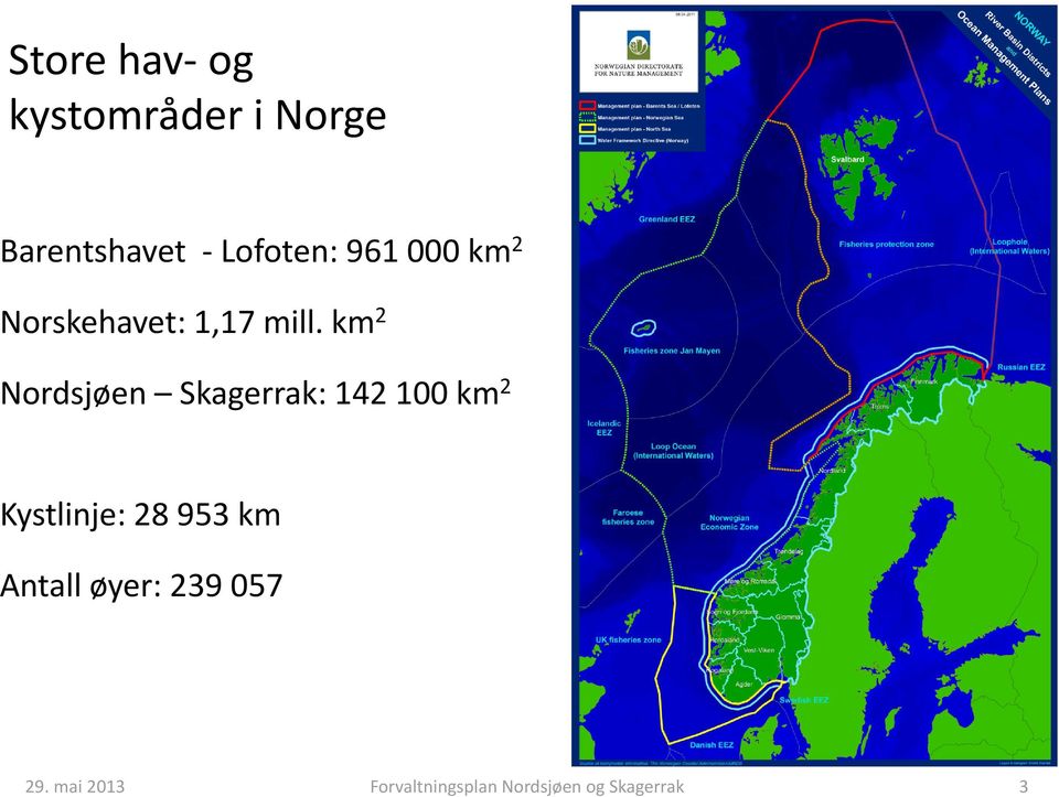 km 2 Nordsjøen Skagerrak: 142 100 km 2 Kystlinje: 28 953