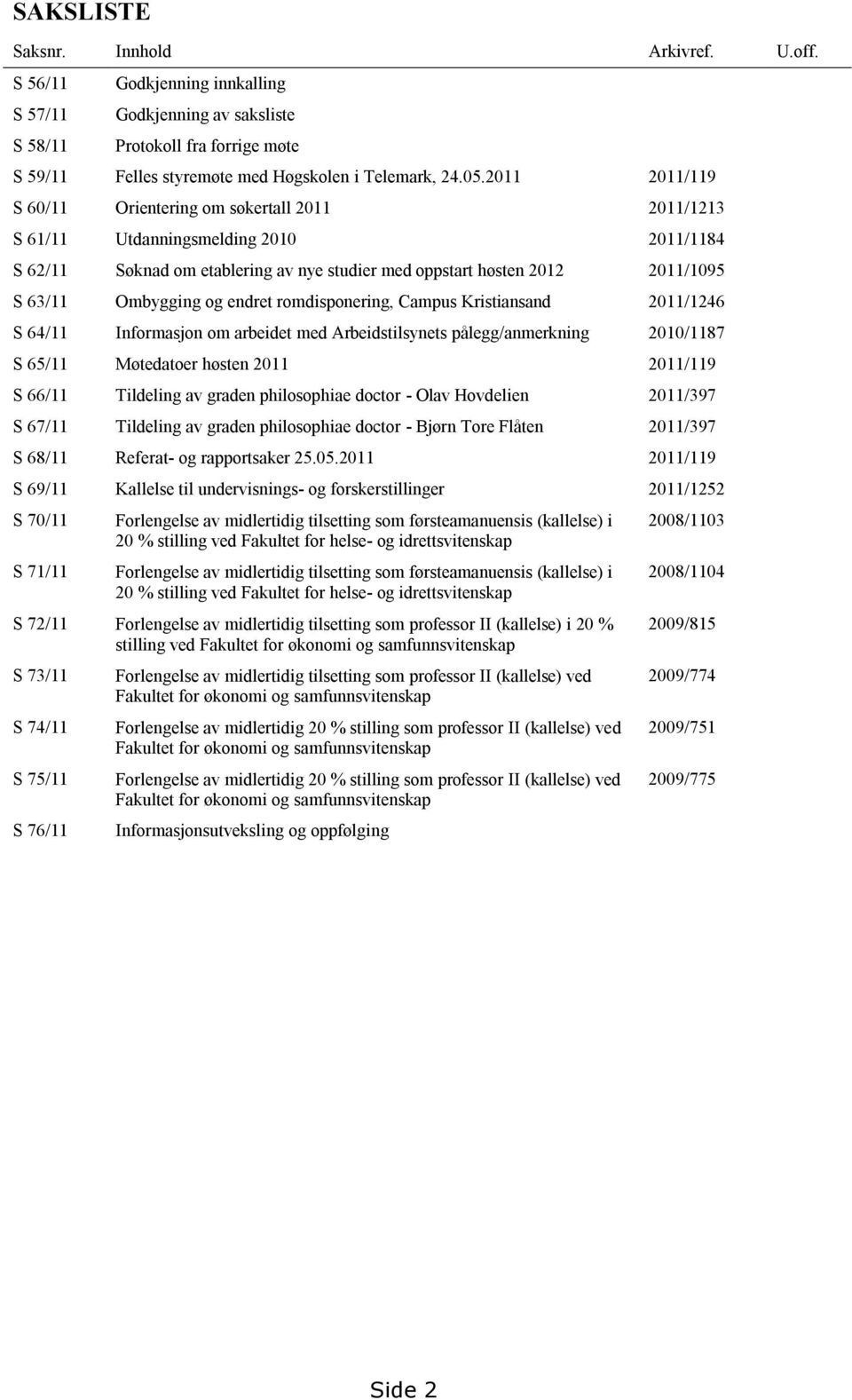 og endret romdisponering, Campus Kristiansand 2011/1246 S 64/11 Informasjon om arbeidet med Arbeidstilsynets pålegg/anmerkning 2010/1187 S 65/11 Møtedatoer høsten 2011 2011/119 S 66/11 Tildeling av