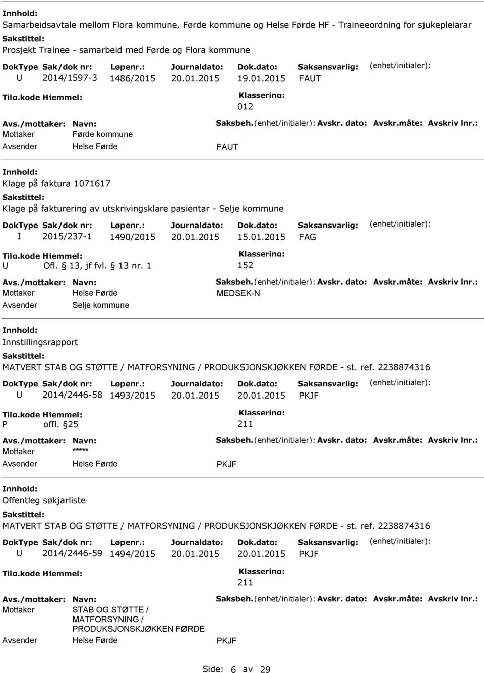 01.2015 152 Mottaker MEDSEK-N Selje kommune nnstillingsrapport MATVERT STAB OG STØTTE / MATFORSYNNG / RODKSJONSKJØKKEN FØRDE - st. ref.