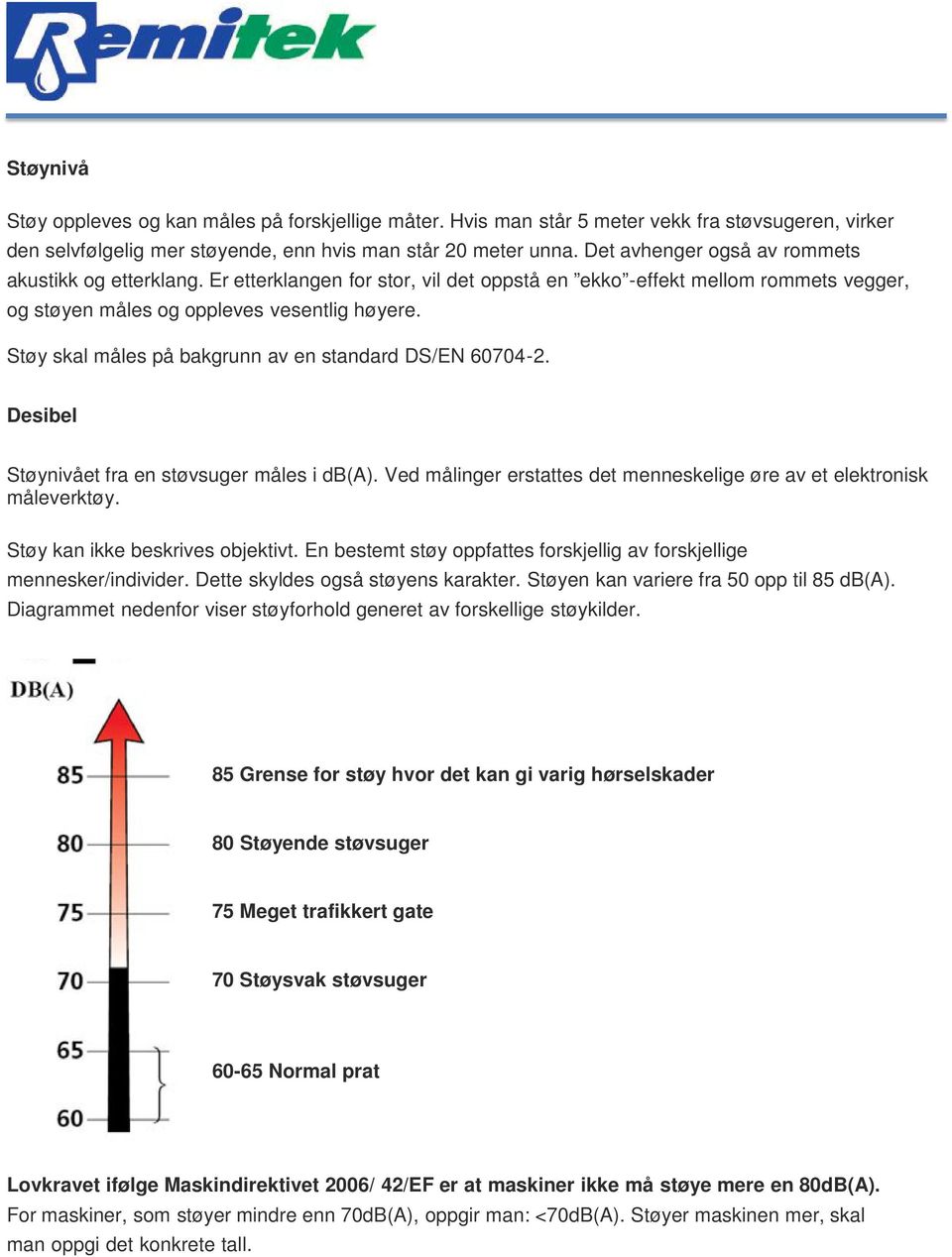Støy skal måles på bakgrunn av en standard DS/EN 60704-2. Desibel Støynivået fra en støvsuger måles i db(a). Ved målinger erstattes det menneskelige øre av et elektronisk måleverktøy.