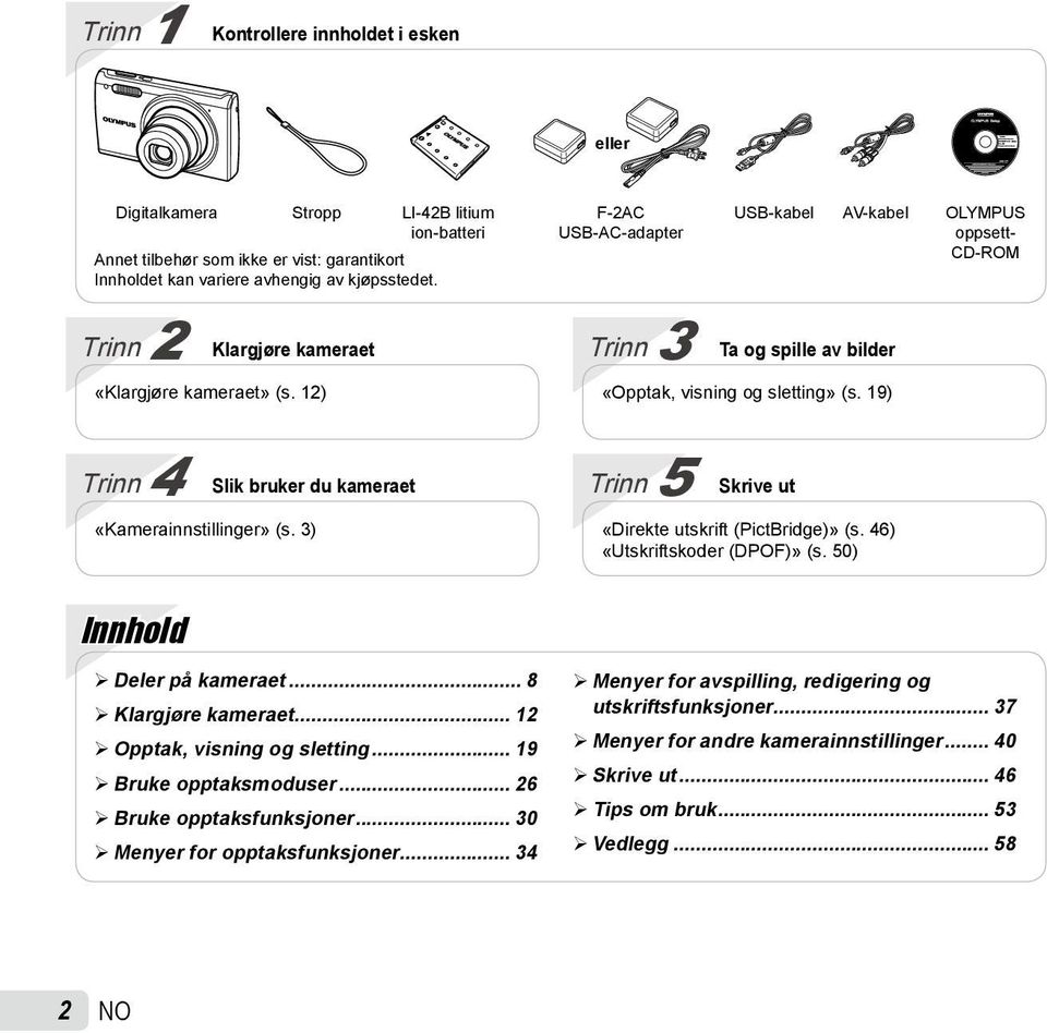 19) Trinn 4 Slik bruker du kameraet «Kamerainnstillinger» (s. 3) Trinn 5 Skrive ut «Direkte utskrift (PictBridge)» (s. 46) «Utskriftskoder (DPOF)» (s. 50) Innhold Deler på kameraet.