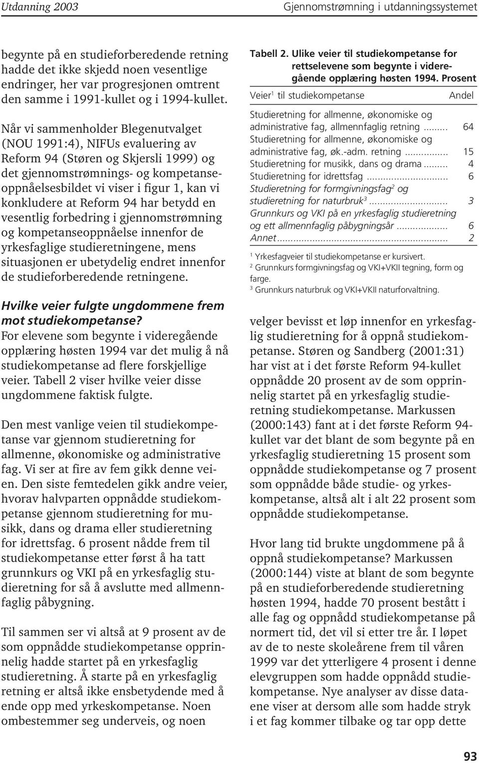 at Reform 94 har betydd en vesentlig forbedring i gjennomstrømning og kompetanseoppnåelse innenfor de yrkesfaglige studieretningene, mens situasjonen er ubetydelig endret innenfor de