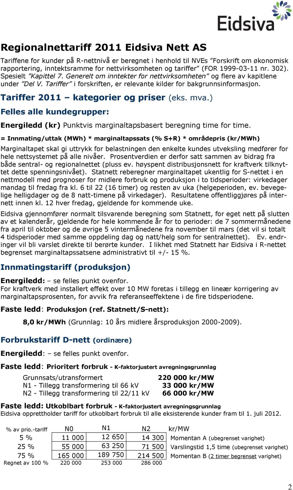 Tariffer 2011 kategorier og priser (eks. mva.) Felles alle kundegrupper: Energiledd (kr) Punktvis marginaltapsbasert beregning time for time.