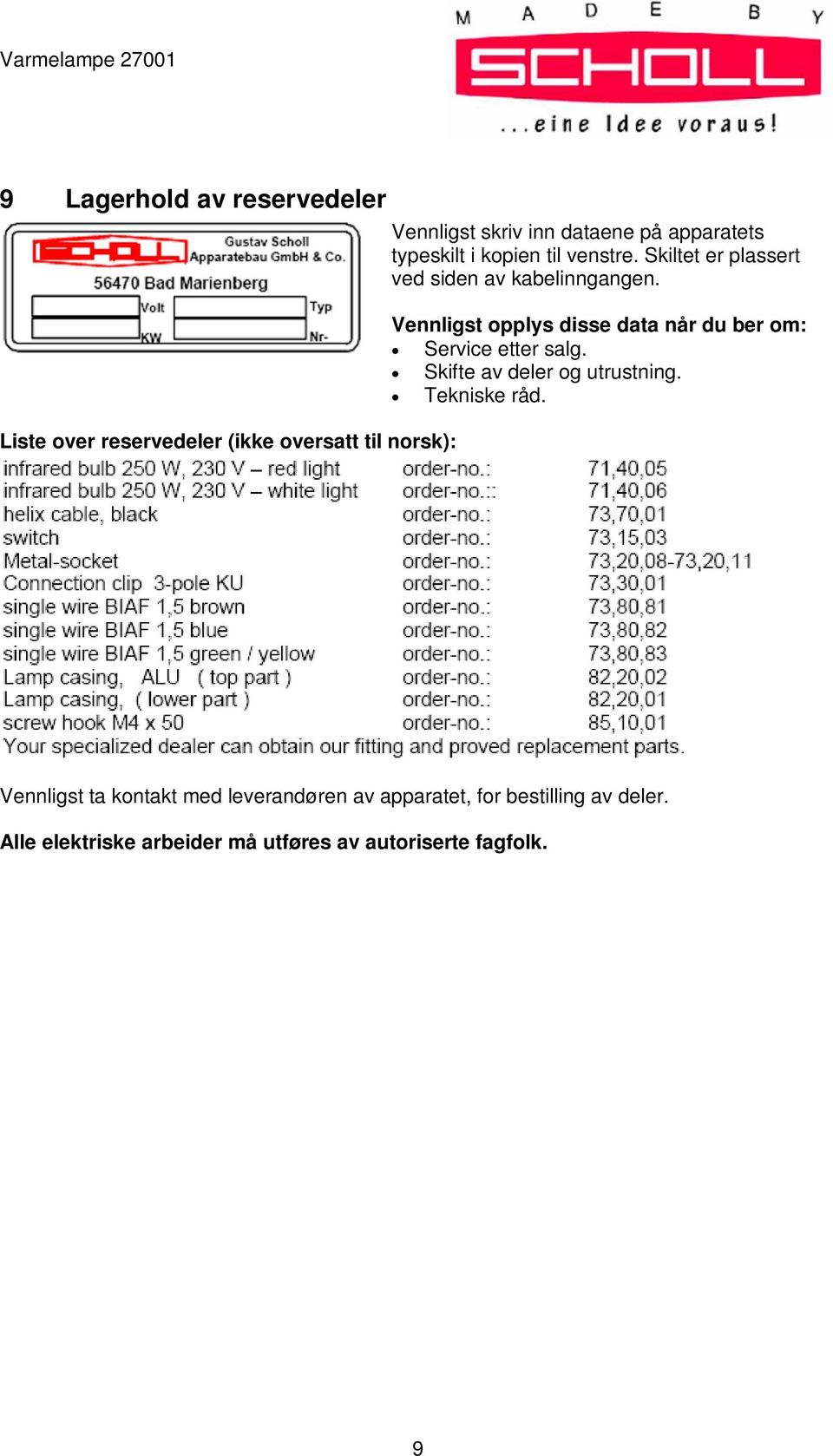 Vennligst opplys disse data når du ber om: Service etter salg. Skifte av deler og utrustning. Tekniske råd.