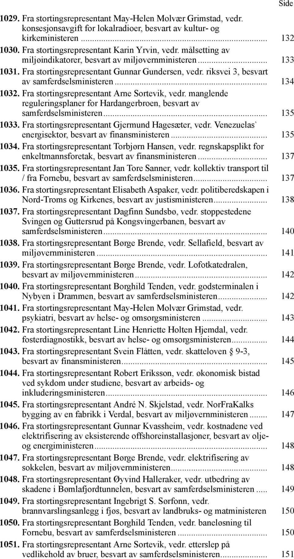 Fra stortingsrepresentant Arne Sortevik, vedr. manglende reguleringsplaner for Hardangerbroen, besvart av samferdselsministeren... 135 1033. Fra stortingsrepresentant Gjermund Hagesæter, vedr.