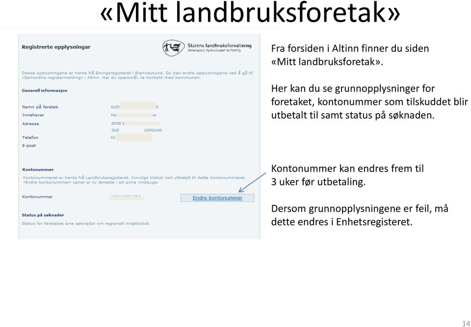 Her kan du se grunnopplysninger for foretaket, kontonummer som tilskuddet blir