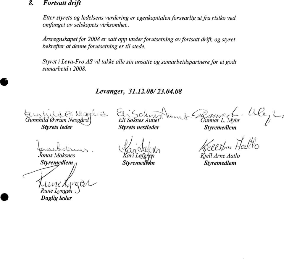 Styret i Leva-Fro AS vil takke alle sin ansatte og samarbeidspartnere for et godt samarbeid i 2008. Levanger, 31.12.08/ 23.04.08 t.