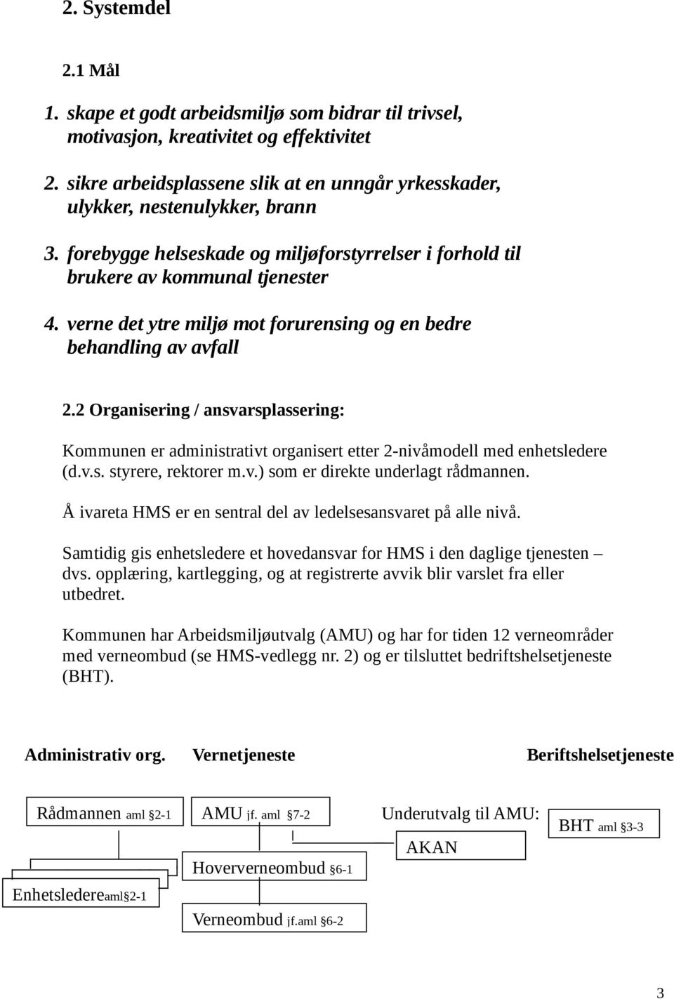 verne det ytre miljø mot forurensing og en bedre behandling av avfall 2.2 Organisering / ansvarsplassering: Kommunen er administrativt organisert etter 2-nivåmodell med enhetsledere (d.v.s. styrere, rektorer m.