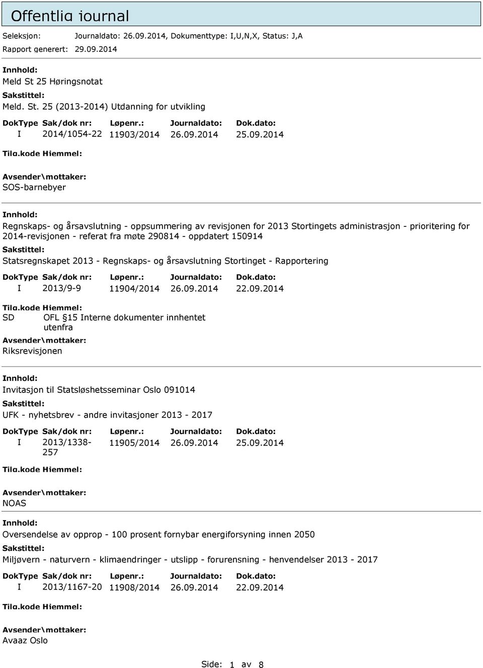 2014 SOS-barnebyer nnhold: Regnskaps- og årsavslutning - oppsummering av revisjonen for 2013 Stortingets administrasjon - prioritering for 2014-revisjonen - referat fra møte 290814 - oppdatert 150914