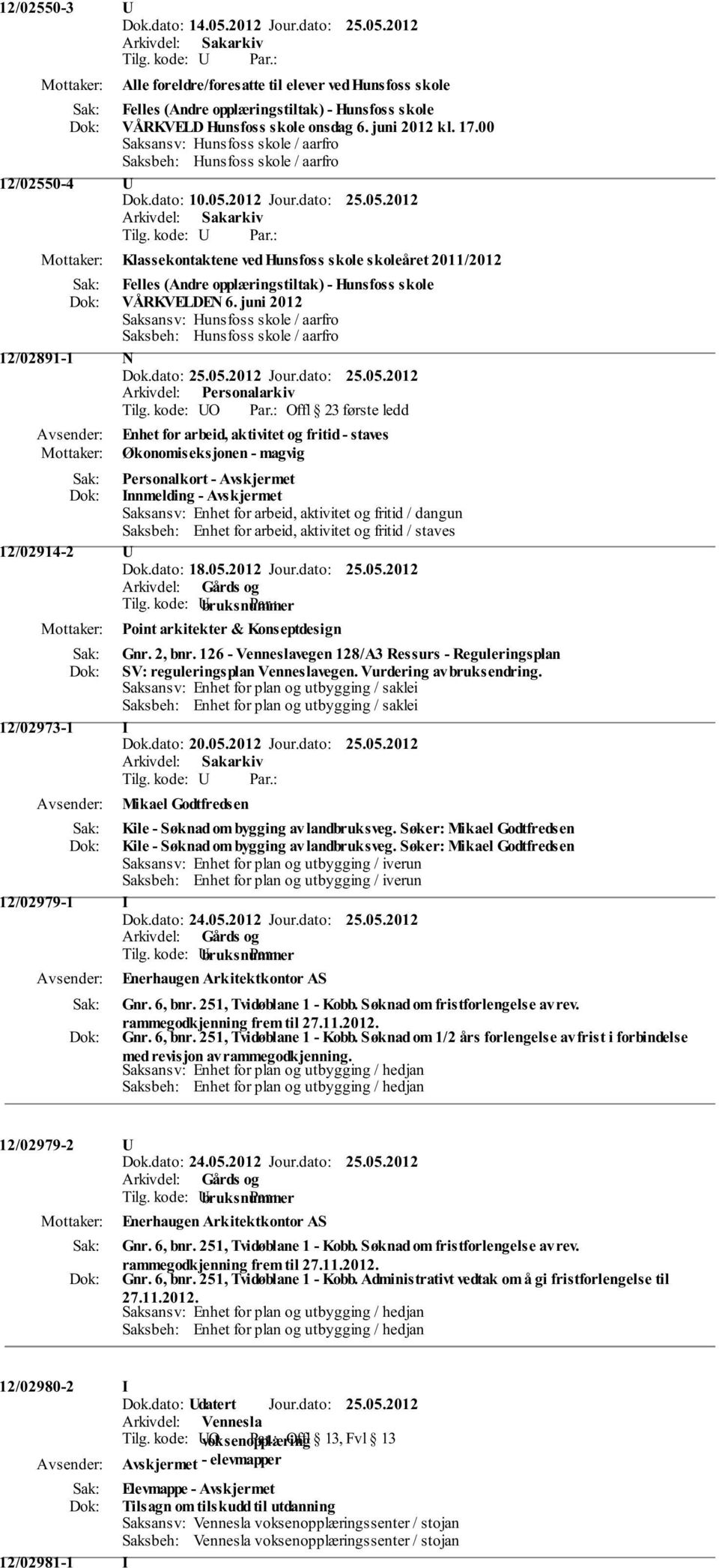 00 Saksansv: Hunsfoss skole / aarfro Saksbeh: Hunsfoss skole / aarfro 12/02550-4 U Dok.dato: 10.05.2012 Jour.dato: 25.05.2012 Tilg.