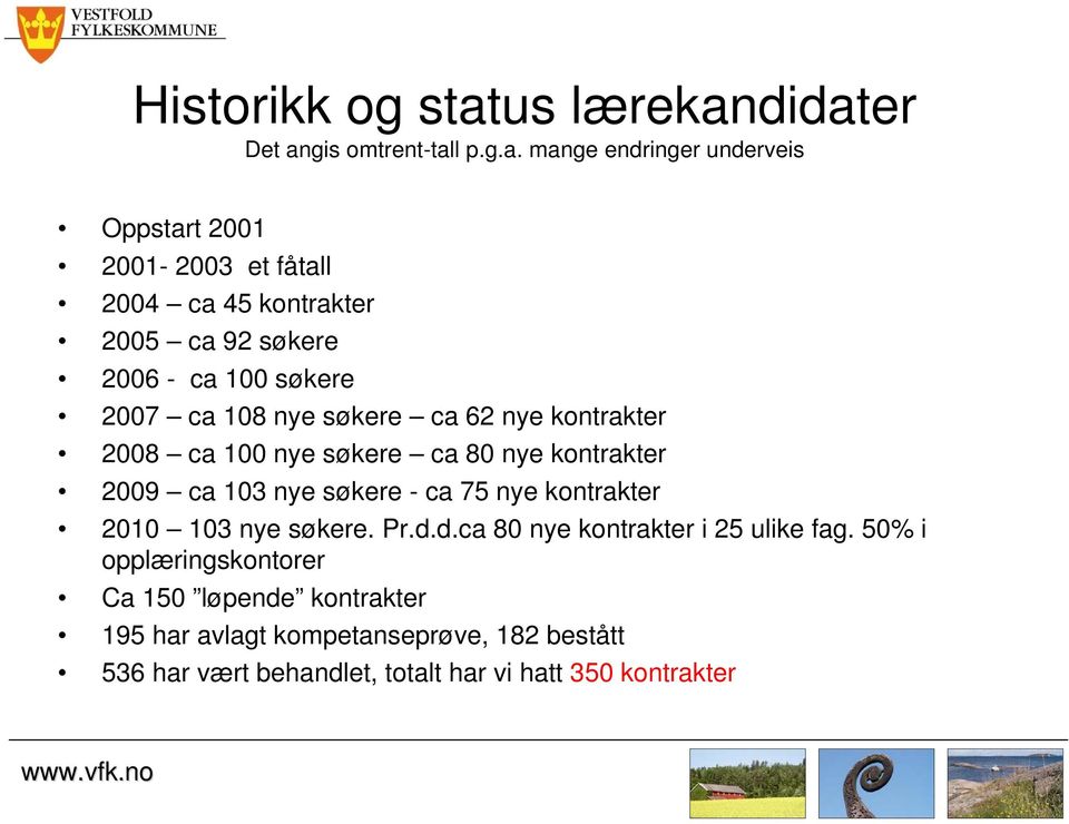 didater Det angis omtrent-tall p.g.a. mange endringer underveis Oppstart 2001 2001-2003 et fåtall 2004 ca 45 kontrakter 2005 ca 92