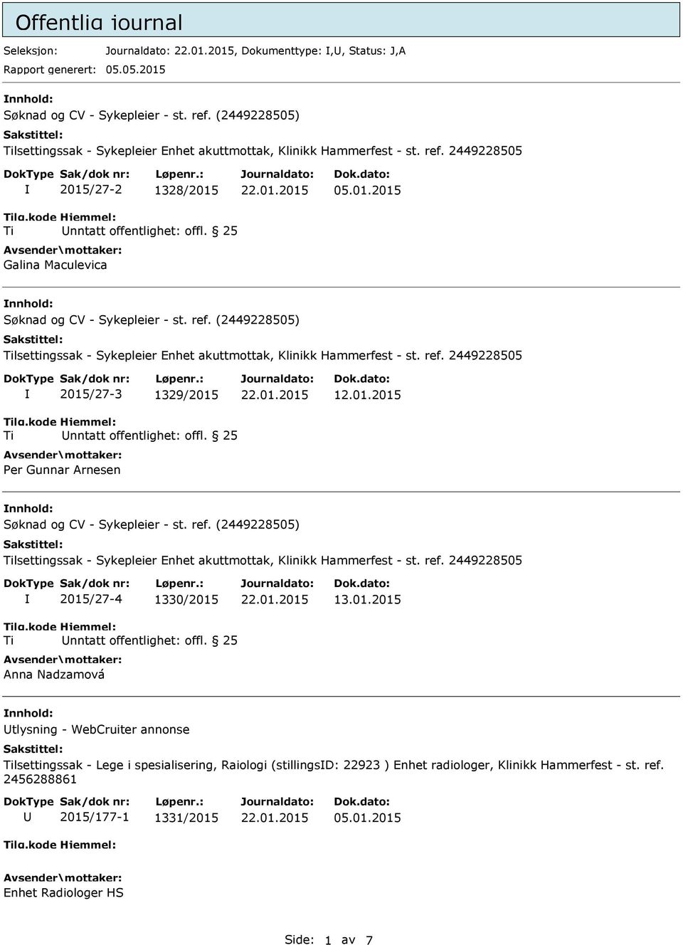 ref. 2449228505 2015/27-3 1329/2015 Per Gunnar Arnesen 12.01.2015 nnhold: Søknad og CV - Sykepleier - st. ref. (2449228505) lsettingssak - Sykepleier Enhet akuttmottak, Klinikk Hammerfest - st. ref. 2449228505 2015/27-4 1330/2015 Anna Nadzamová 13.