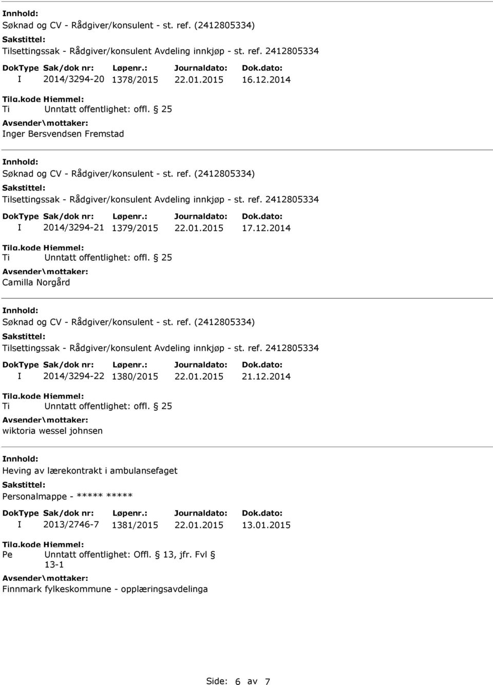 2412805334 2014/3294-22 1380/2015 wiktoria wessel johnsen 21.12.2014 nnhold: Heving av lærekontrakt i ambulansefaget Personalmappe - ***** ***** 2013/2746-7 1381/2015 13.