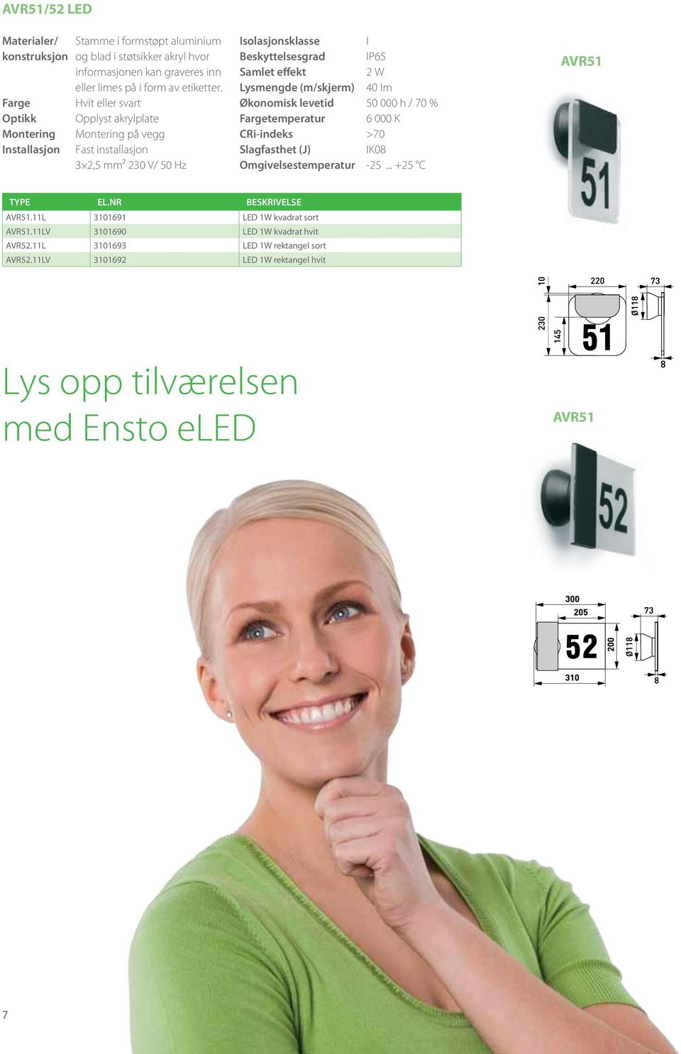 Økonomisk levetid 50 000 h / 70 % Fargetemperatur 6 000 K CRi-indeks >70 Slagfasthet (J) IK08 Omgivelsestemperatur -25... +25 C AVR51 TYPE EL.NR BESKRIVELSE AVR51.