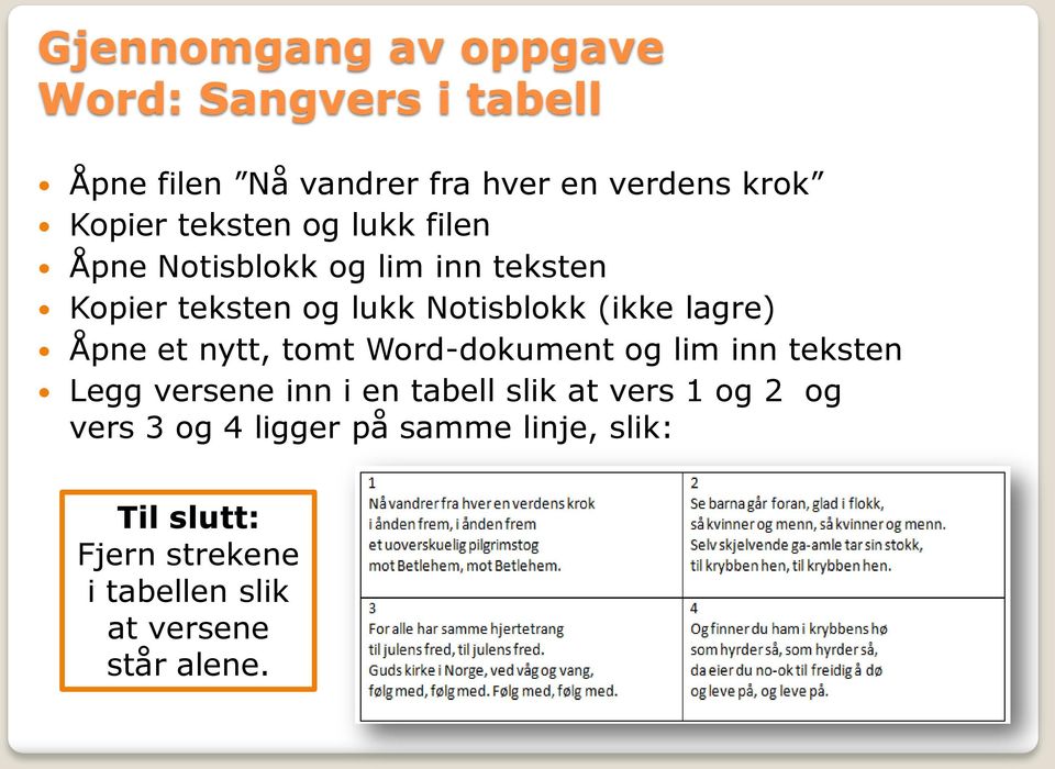 Åpne et nytt, tomt Word-dokument og lim inn teksten Legg versene inn i en tabell slik at vers 1 og 2 og