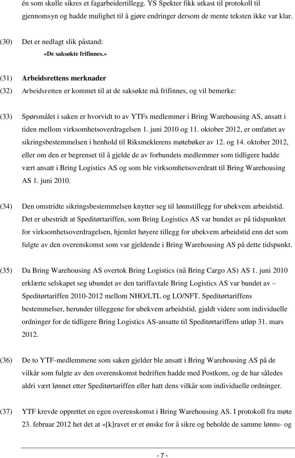 » (31) Arbeidsrettens merknader (32) Arbeidsretten er kommet til at de saksøkte må frifinnes, og vil bemerke: (33) Spørsmålet i saken er hvorvidt to av YTFs medlemmer i Bring Warehousing AS, ansatt i