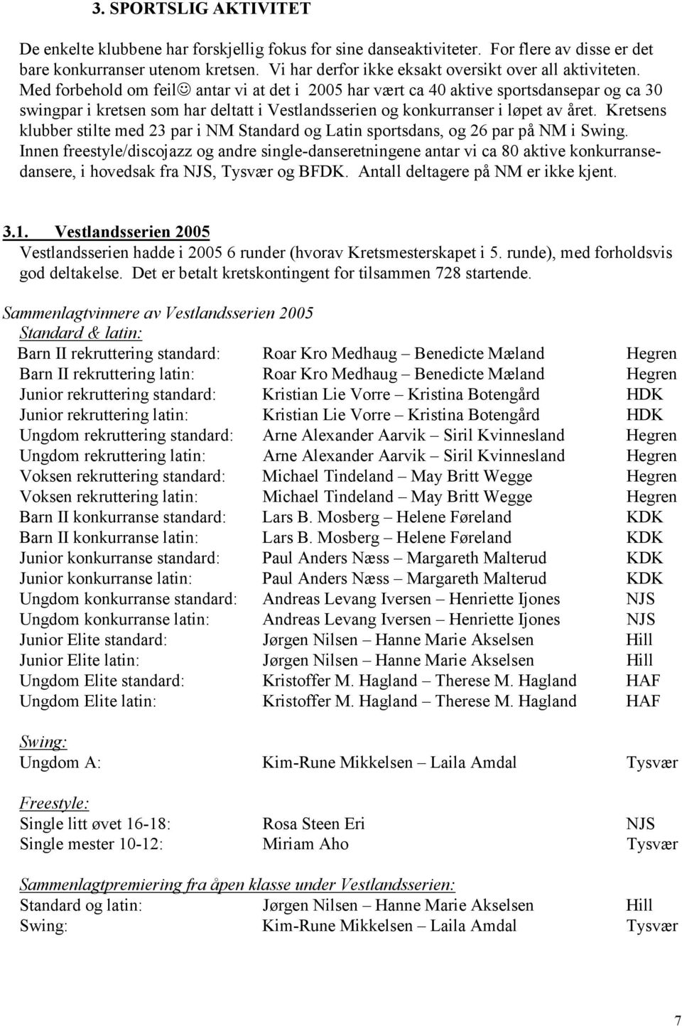 Med forbehold om feil antar vi at det i 2005 har vært ca 40 aktive sportsdansepar og ca 30 swingpar i kretsen som har deltatt i Vestlandsserien og konkurranser i løpet av året.