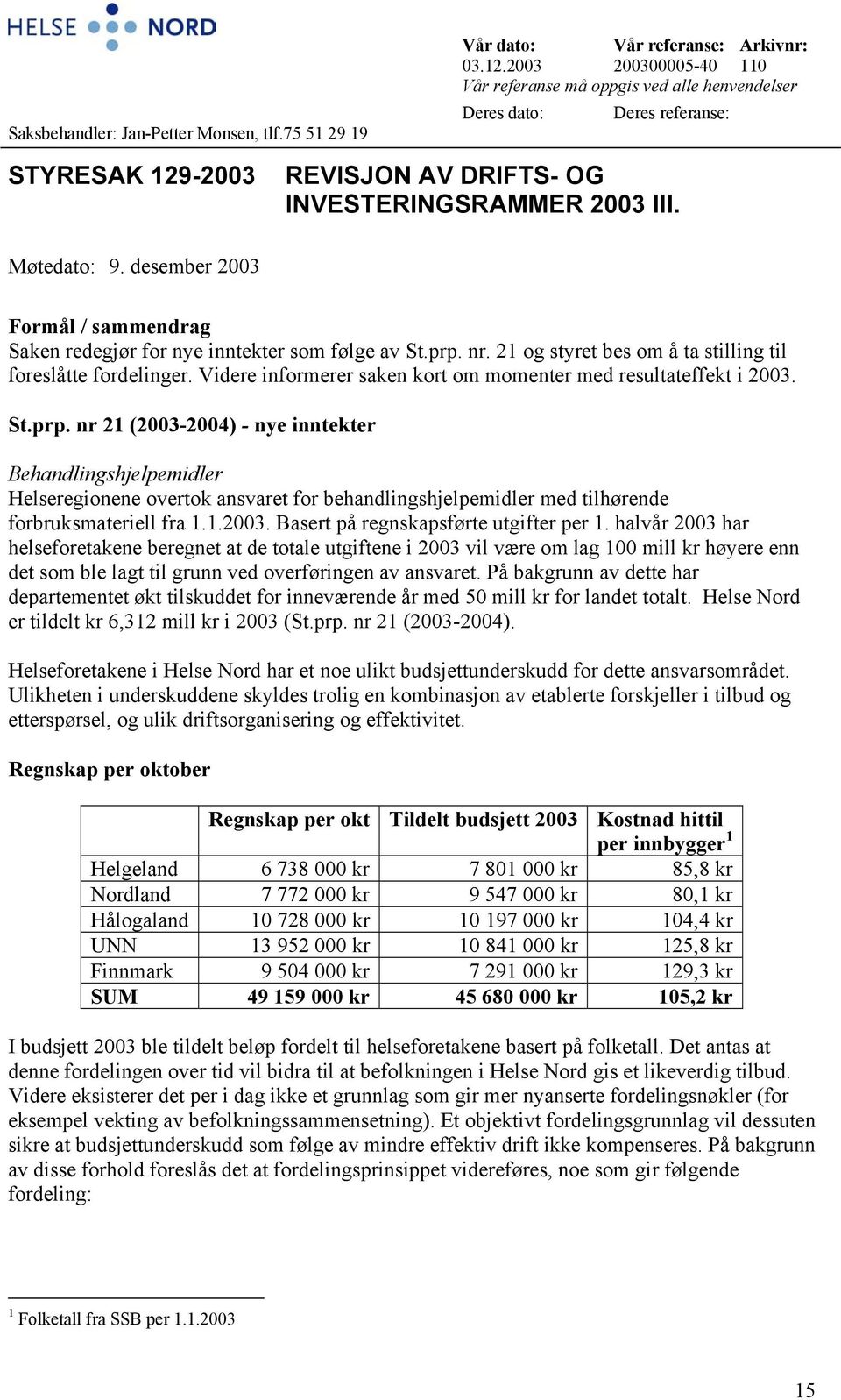 desember 2003 Formål / sammendrag Saken redegjør for nye inntekter som følge av St.prp. nr. 21 og styret bes om å ta stilling til foreslåtte fordelinger.