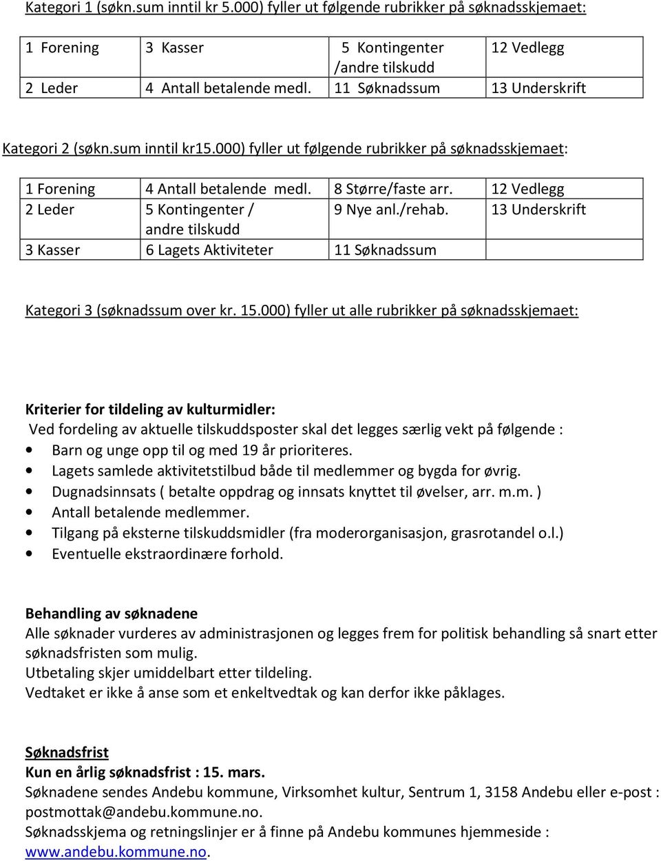 12 Vedlegg 2 Leder 5 Kontingenter / 9 Nye anl./rehab. 13 Underskrift andre tilskudd 3 Kasser 6 Lagets Aktiviteter 11 Søknadssum Kategori 3 (søknadssum over kr. 15.