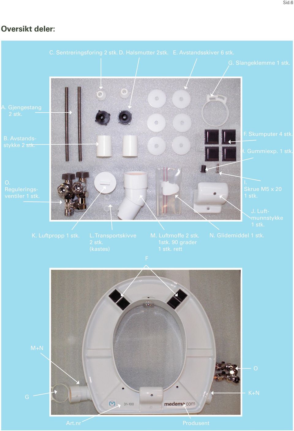 Reguleringsventiler 1 stk. I. Skrue M5 x 20 1 stk. J. Luftmunnstykke 1 stk. K. Luftpropp 1 stk. L. Transportskivve 2 stk.