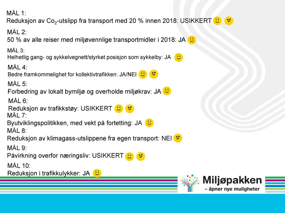 Forbedring av lokalt bymiljø og overholde miljøkrav: JA MÅL 6: Reduksjon av trafikkstøy: USIKKERT MÅL 7: Byutviklingspolitikken, med vekt på