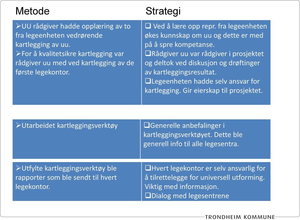 Rådgiver uu var rådgiver i prosjektet og deltok ved diskusjon og drøftinger av kartleggingsresultat. Legeenheten hadde selv ansvar for kartlegging. Gir eierskap til prosjektet.