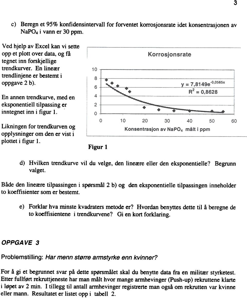 er ' Likningen fr trendkurven g pplysninger m den er vist i plttet i figur l. Figur 1 d) Hvilken trendkurve vil du velge, den lineære eller den ekspnentielle? Begrunn valget.