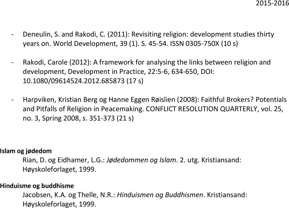 Potentials and Pitfalls of Religion in Peacemaking. CONFLICT RESOLUTION QUARTERLY, vol. 25, no. 3, Spring 2008, s. 351-373 (21 s) Islam og jødedom Rian, D. og Eidhamer, L.G.