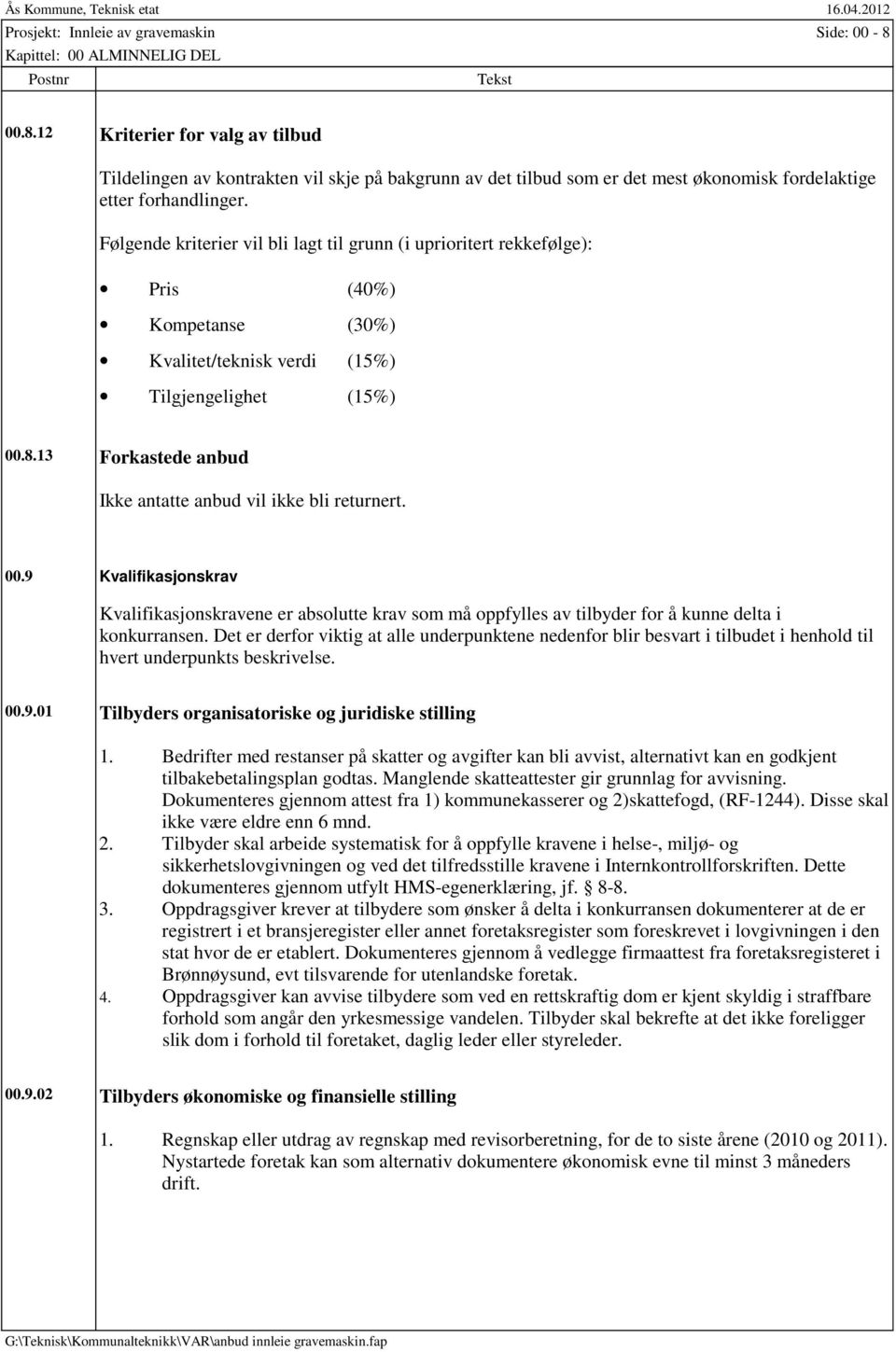 13 Forkastede anbud Ikke antatte anbud vil ikke bli returnert. 00.9 Kvalifikasjonskrav Kvalifikasjonskravene er absolutte krav som må oppfylles av tilbyder for å kunne delta i konkurransen.