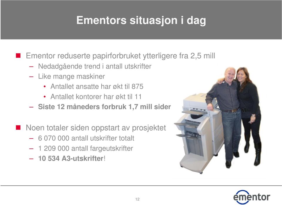 kontorer har økt til 11 Siste 12 måneders forbruk 1,7 mill sider Noen totaler siden oppstart av