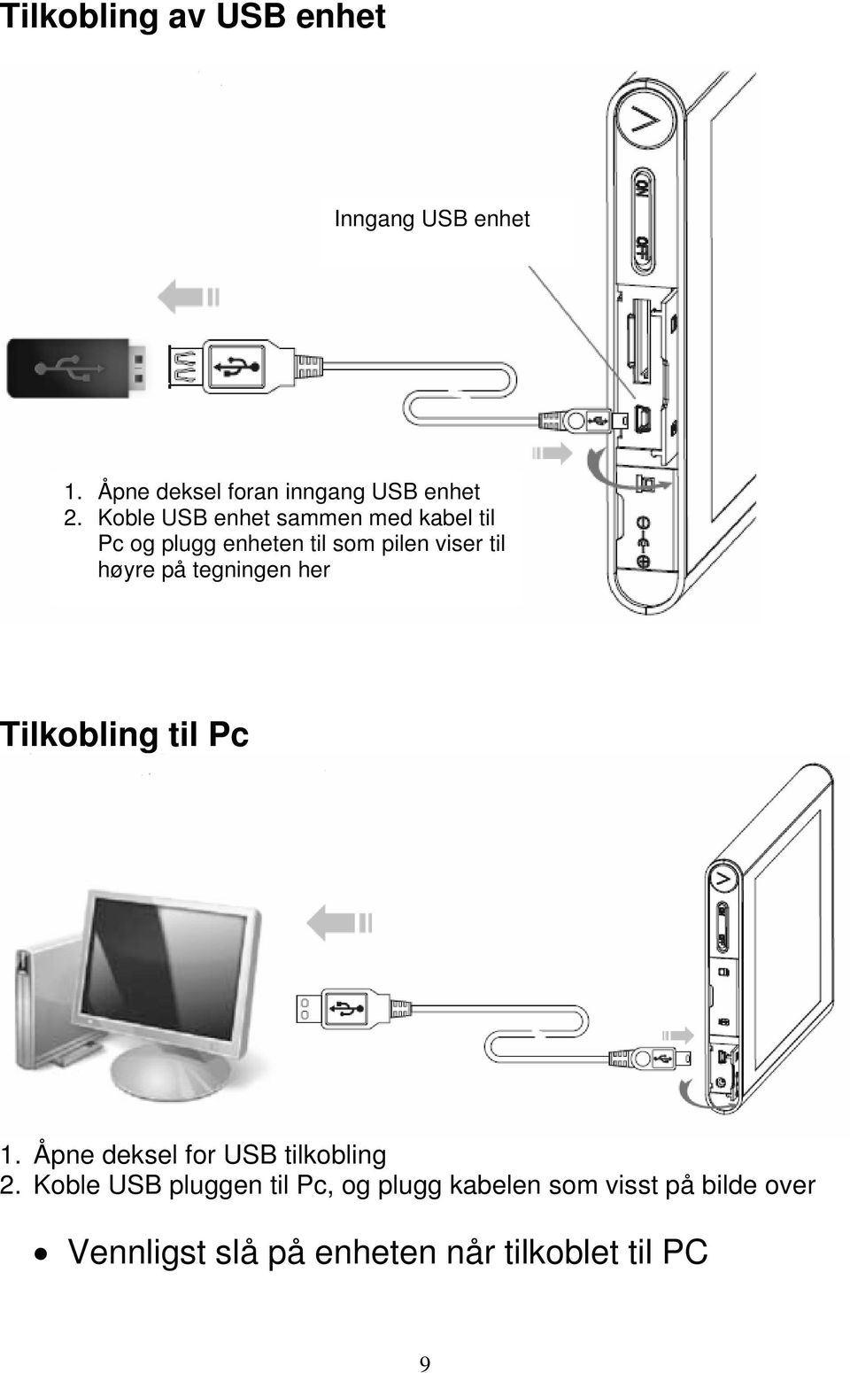 tegningen her Tilkobling til Pc 1. Åpne deksel for USB tilkobling 2.