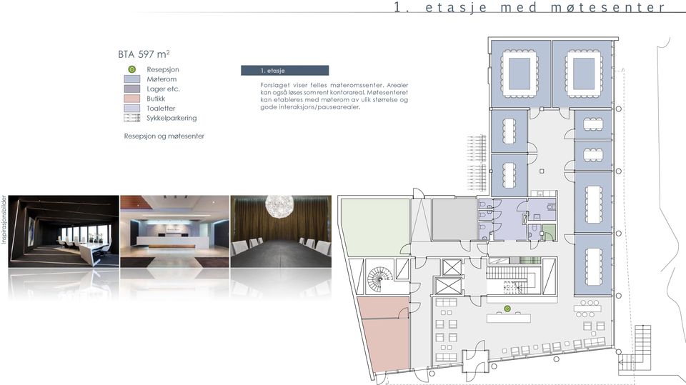 Møtesenteret kan etableres med møterom av ulik størrelse og gode interaksjons/pausearealer.