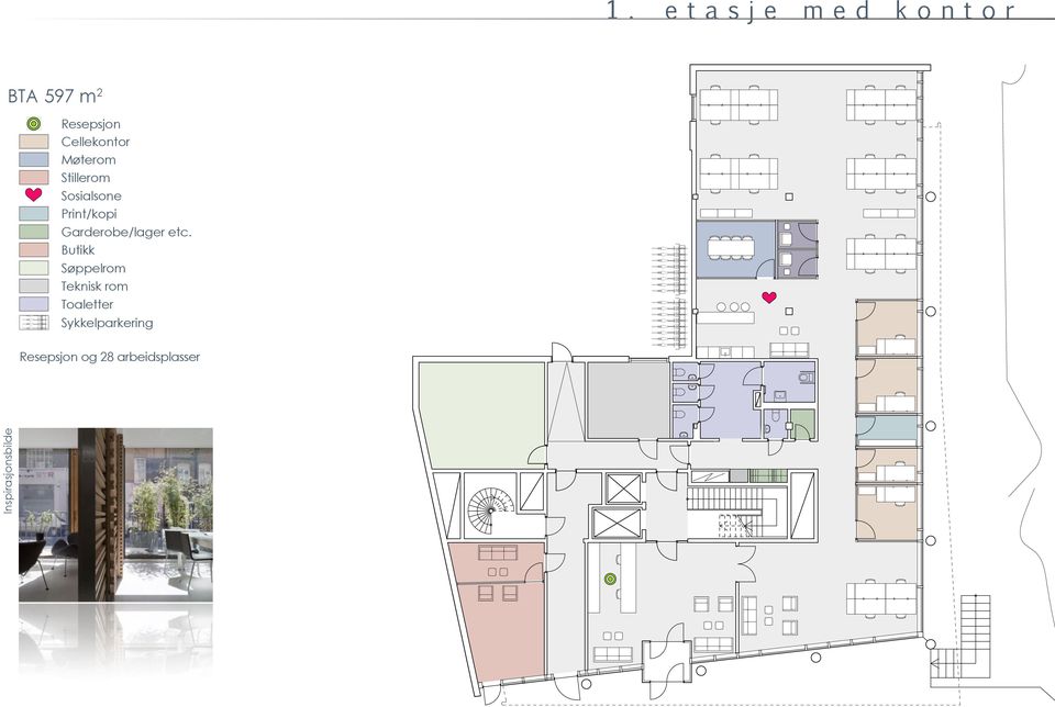 / lager etc Søppelrom Teknisk rom Toaletter Sykkelparkering 42 arbeidsplasser: 36 i åpen landskap og 6 cellekontor Resepsjon og 28
