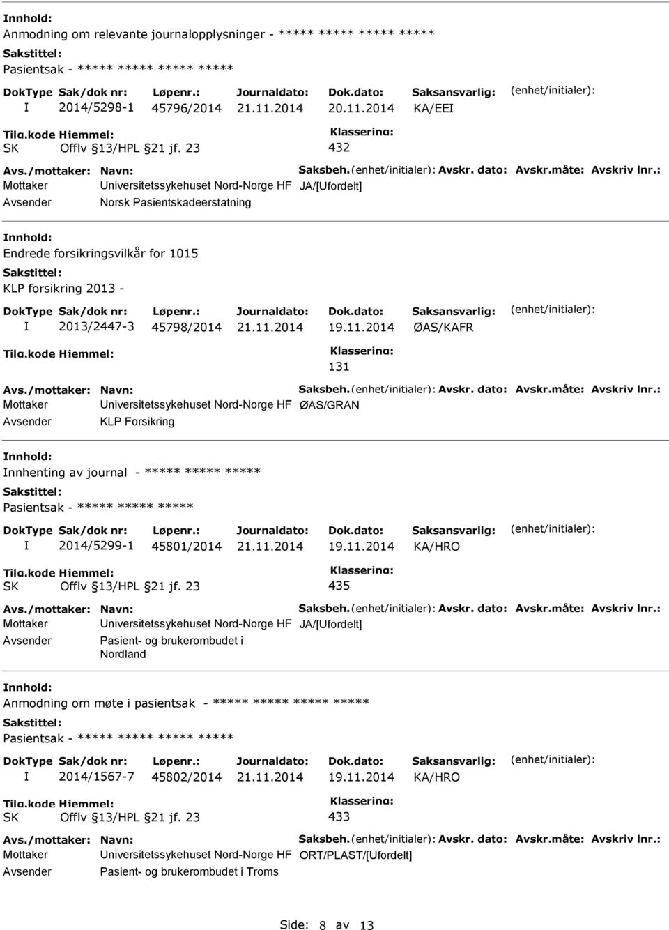 : Mottaker niversitetssykehuset Nord-Norge HF JA/[fordelt] Norsk asientskadeerstatning nnhold: Endrede forsikringsvilkår for 1015 KL forsikring 2013-2013/2447-3 45798/2014 ØAS/KAFR 131 Avs.