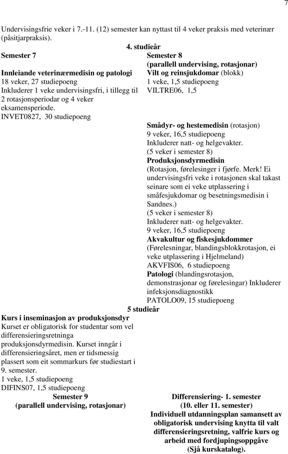 studieår Semester 7 Semester 8 (parallell undervising, rotasjonar) Innleiande veterinærmedisin og patologi 18 veker, 27 studiepoeng Inkluderer 1 veke undervisingsfri, i tillegg til 2